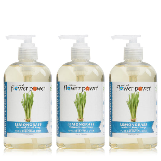 Natural Flower Power Moisturizing Liquid Hand Soap – Lemongrass – Plant-Based + Aloe Vera – Scented w/ Pure Essential Oils – Natural Hand Wash Kitchen + Bathroom – 12 Fl Oz Pump Bottles (Pack of 3)