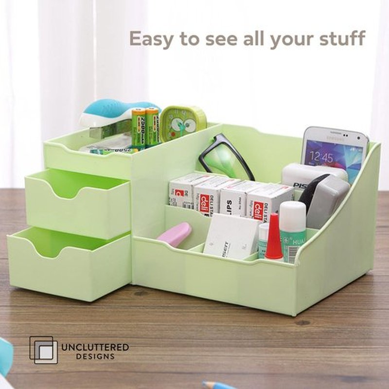 Uncluttered Designs Makeup Organizer With Drawers - Modern Countertop Storage for Cosmetics - Chic Vanity Holder for Perfume, Skincare, Brush, Lipstick, Nail Polish Organization & Display (Green)