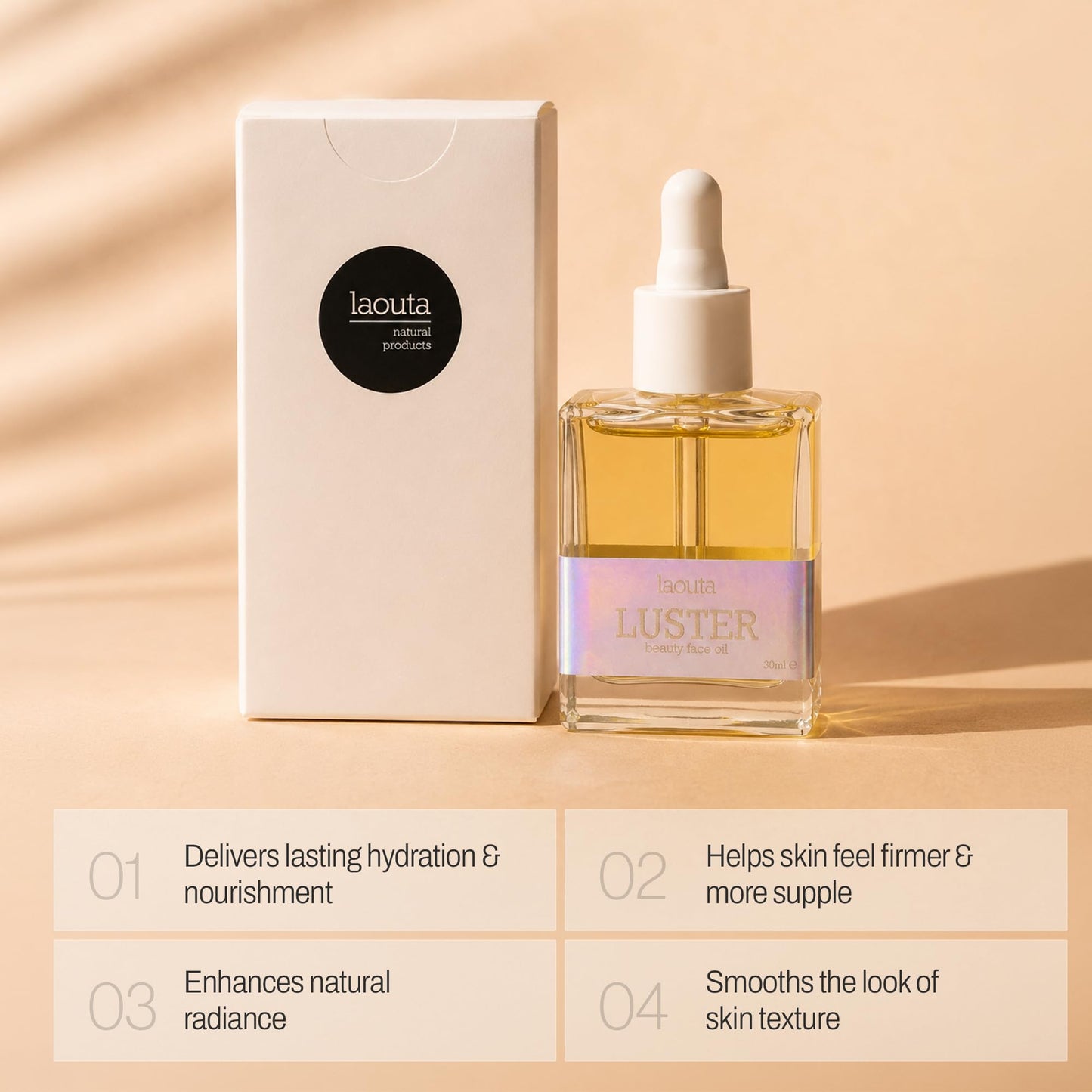 Laouta LUSTER Face Oil – Hydrating Skincare Serum – Hibiscus & Eucalyptus Flower Extract for Elasticity – Squalane Penetrates Vitamins into Dermis – Dewy Glow Night Routine - 1.01 Fl Oz