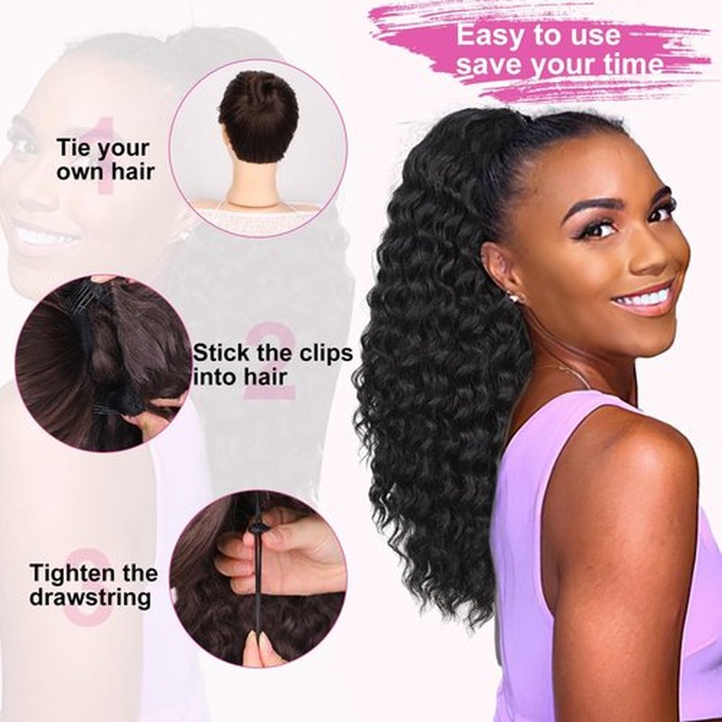 AISI BEAUTY Long Curly Ponytail Extension Drawstring Ponytail for Black Women 22 Inch Synthetic Clip in Pony Tails Hair Extensions(Brown Black)