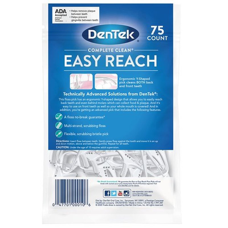 DenTek Complete Clean | Easy Reach Angled Floss Picks | No Break & No Shred Floss | Designed for Hard to Reach Molars | Y-Shaped Pick | 75 Count in Each (Pack of 5)