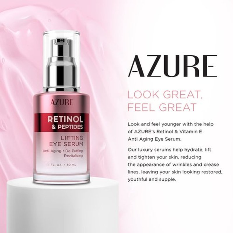 AZURE Retinol & Peptides Lifting Eye Serum - Anti Aging, De-Puffing & Revitalizing Dark Circle Corrector - Reduces Wrinkles, Fine Lines & Under Eye Bags - Skin Care Made in Korea - 30mL / 1 fl.oz.