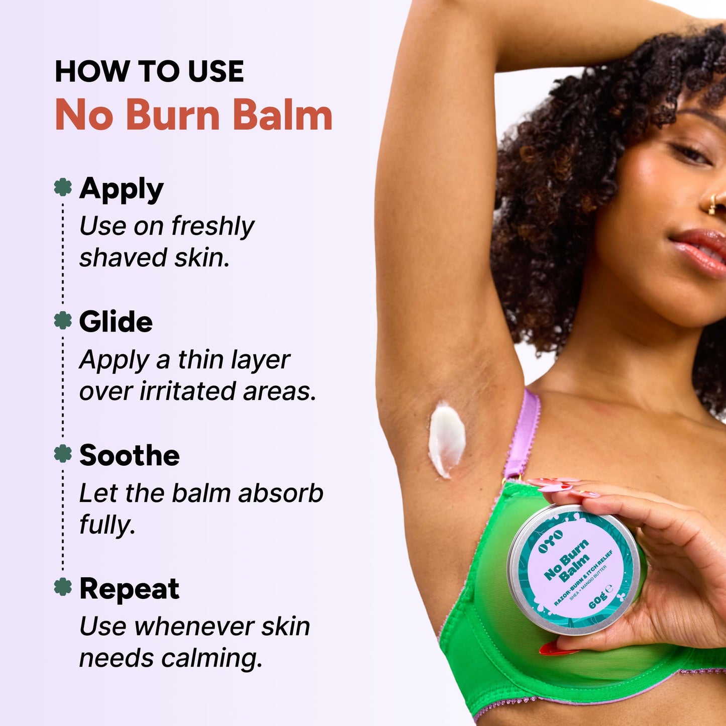 No Burn Balm by OYO – Razor Burn Relief Balm for Bikini Line, Underarms & Intimate Areas, 100% Natural, Fragrance-Free Soothing Formula with Shea Butter, Calendula & Mango Butter, 60 g
