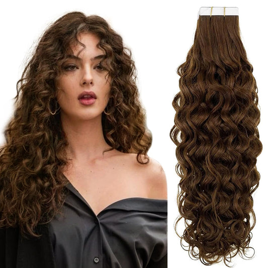 RUNATURE Curly Tape ins Human Hair Extensions 14 Inch Medium Borwn Tape in Hair Extensions Human Hair Curly Skin Weft Curly Human Hair Tape in Extensions for Women Natural Wave Double Sided 50g 20pcs