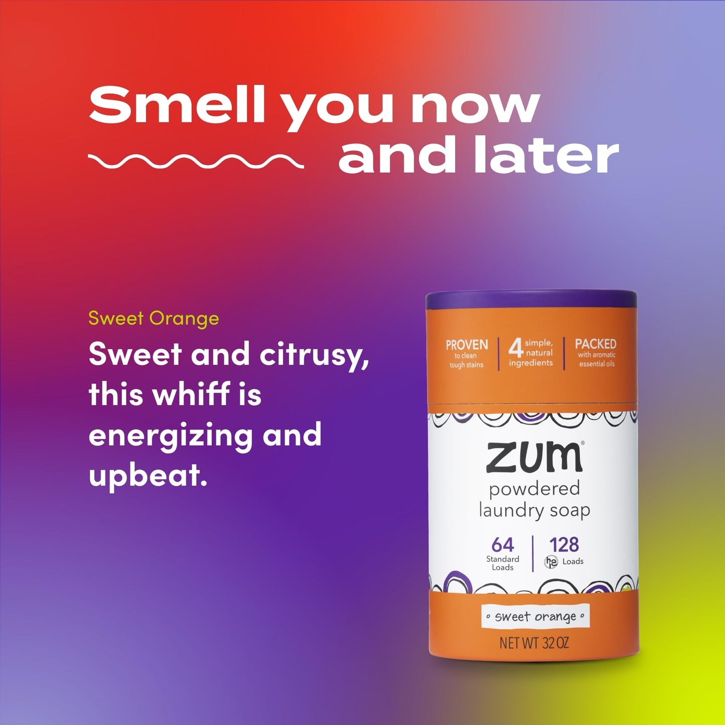 Zum Powdered Laundry Soap by Indigo Wild - Plant-Based Laundry Soap with Baking Soda, Coconut Oil & Essential Oils - 64 Loads (32 oz) - Sweet Orange