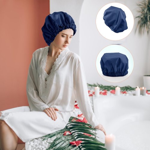 Reusable Shower Cap for Women, Large Waterproof Shower Bonnet Washable Elastic Band Bath Hair Hat for Long Hair, Braids(Navy)
