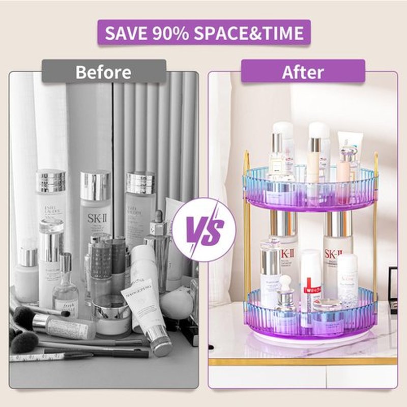 shuang qing Rotating Makeup Organizer for Vanity 2 Tier, High-Capacity Skincare Clear Make Up Storage Perfume Organizers Cosmetic Dresser Organizer Countertop 360 Spinning（Purple）