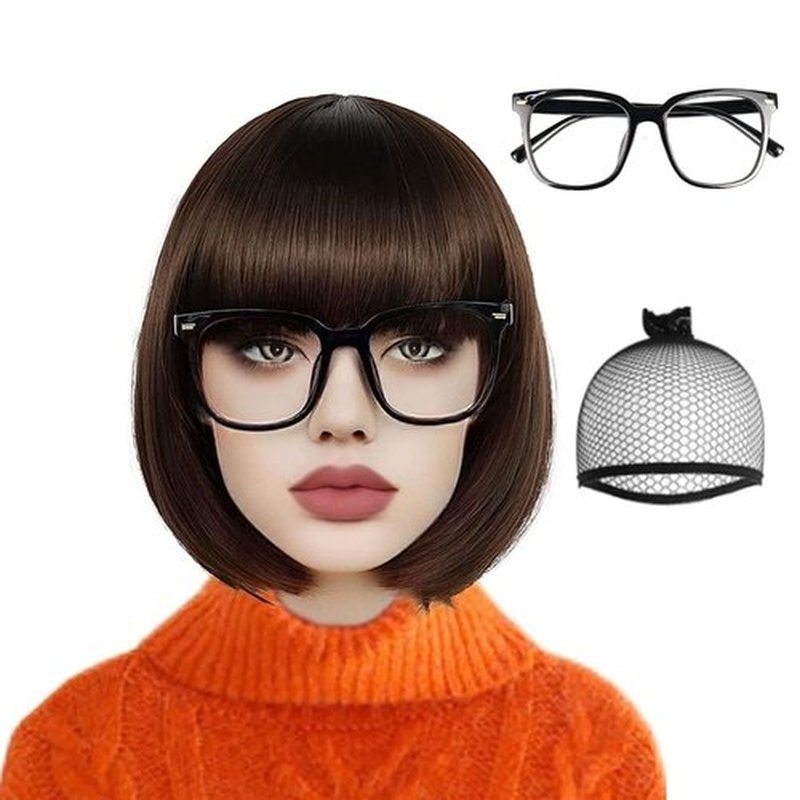 Ebingoo Velma Wig Brown Bob Wig +1 Black Glasses + 1 Wig Cap Short Bob Wig with Bangs for Women Halloween Cosplay Brown Straight Wig Synthetic Heat Resistant Wig for Women Girls Anime Party Daily Wear