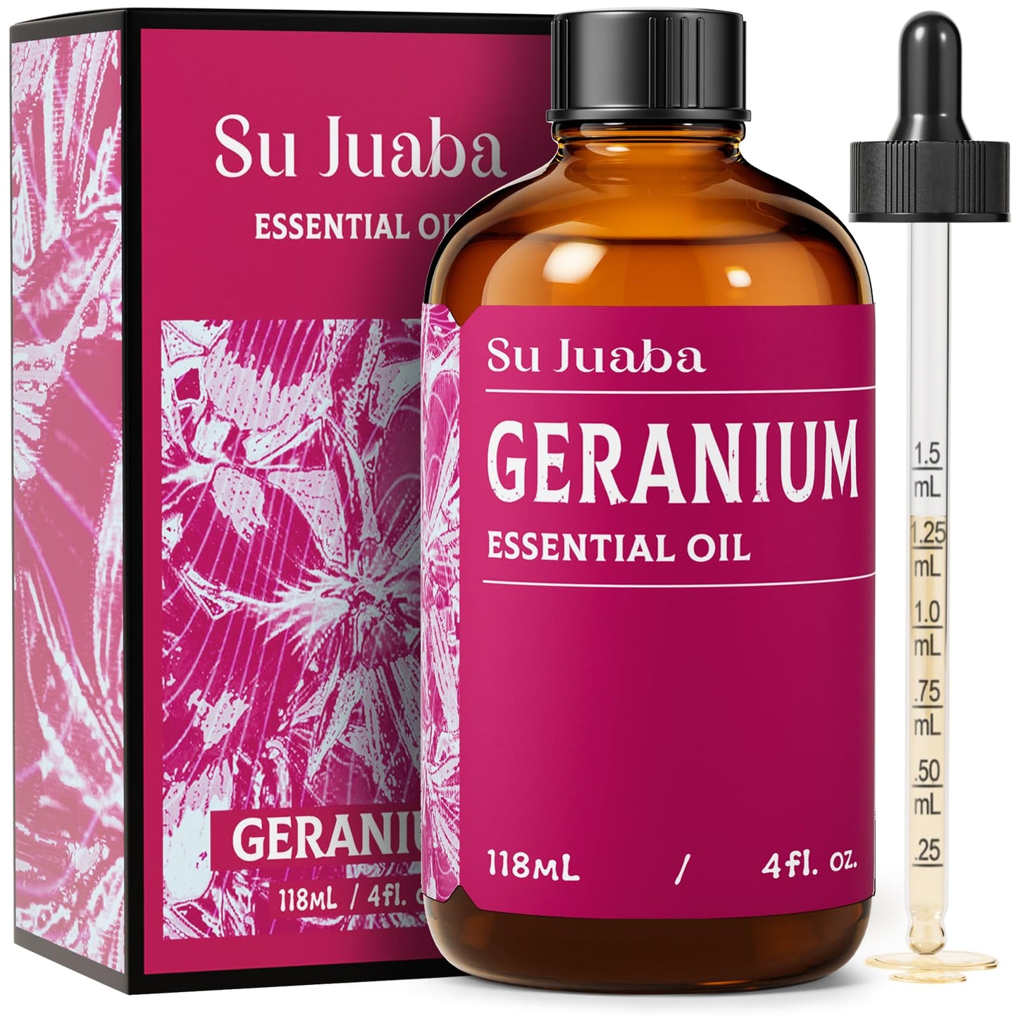 SU JUABA Geranium Essential Oil 4 Oz, Aromatherapy Oil for Diffuser, Skin Care, Hair & Massage - 118ML