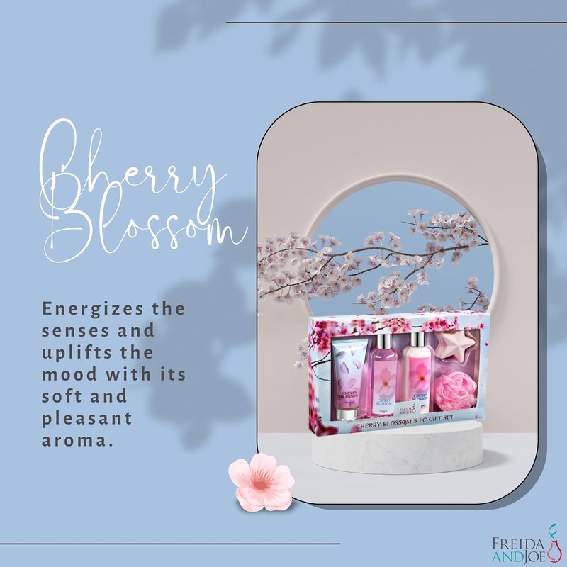 Fragrance Bath & Body Collection Gift Box - Shower Gel, Lotion, Scrub & Bath Bomb | Blue Cherry Blossom