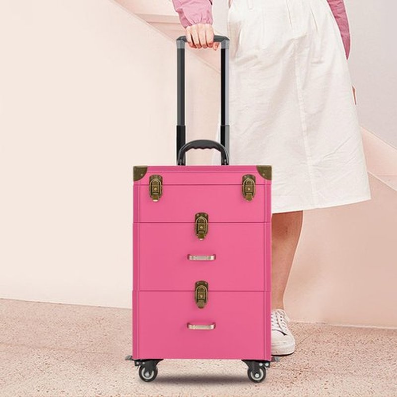 Rolling Makeup Case with Drawers&4 Wheel, Cosmetic Case Trolley, Make Up Suitcase Cosmetic Trolley, Portable Multifunction Makeup Suitcase, Jewelry Travel Cosmetic Train Case (Rose+Bronze Color)