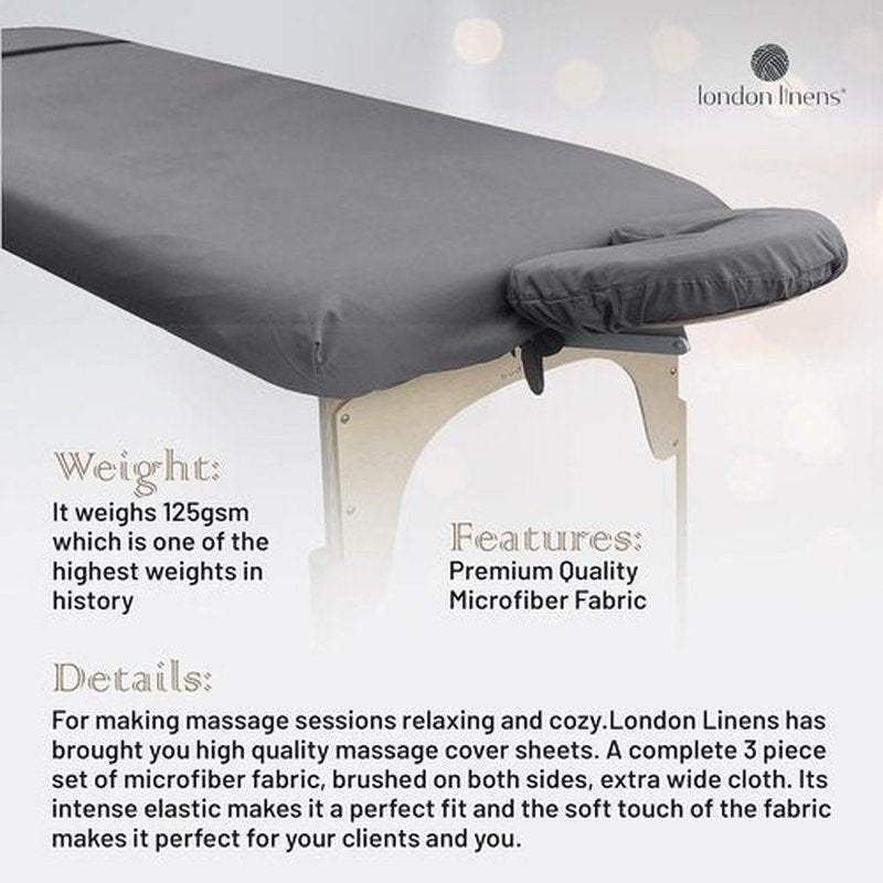 LONDON LINENS Soft Microfiber Massage Table Sheets Set 3 Piece Set - Includes Massage Table Cover, Massage Fitted Sheet, and Massage Face Rest Cover (Grey) Pack of 2