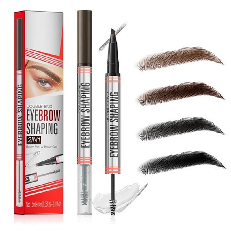 Microblading Eyebrow Pen, Eyebrow Pencil with 4-Fork Tip & Shaping Brow Gel, Waterproof 2-in-1 Dual-Ended Eye Brow Pencils for Women & Brow Glue Makeup Kit for Natural-Looking Brows Makeup,Dark Brown