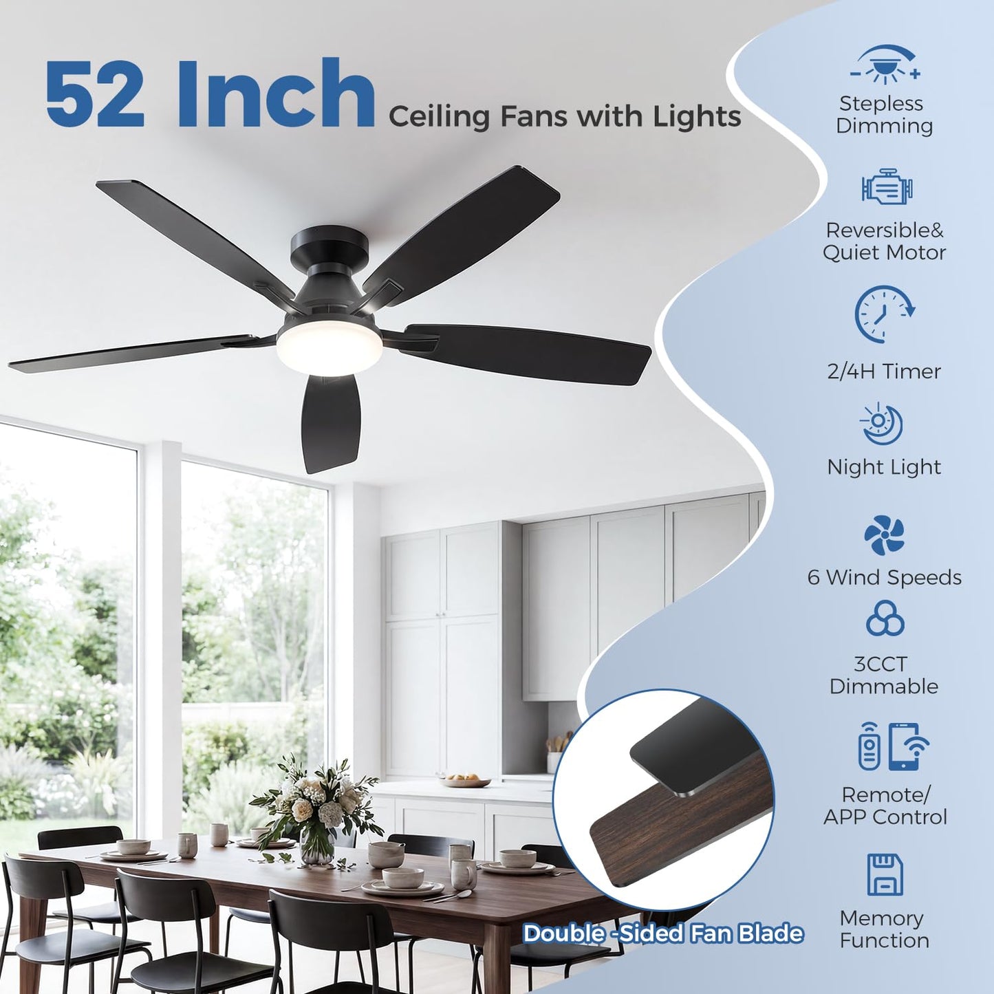FancyMay 52 Inch Ceiling Fans with Lights,Quiet DC Motor, 6 Speeds, App and Remote Control, Dimmable, 3CCT LED Light, Low Profile Ceiling Fan for Living Room, Bedroom, Black