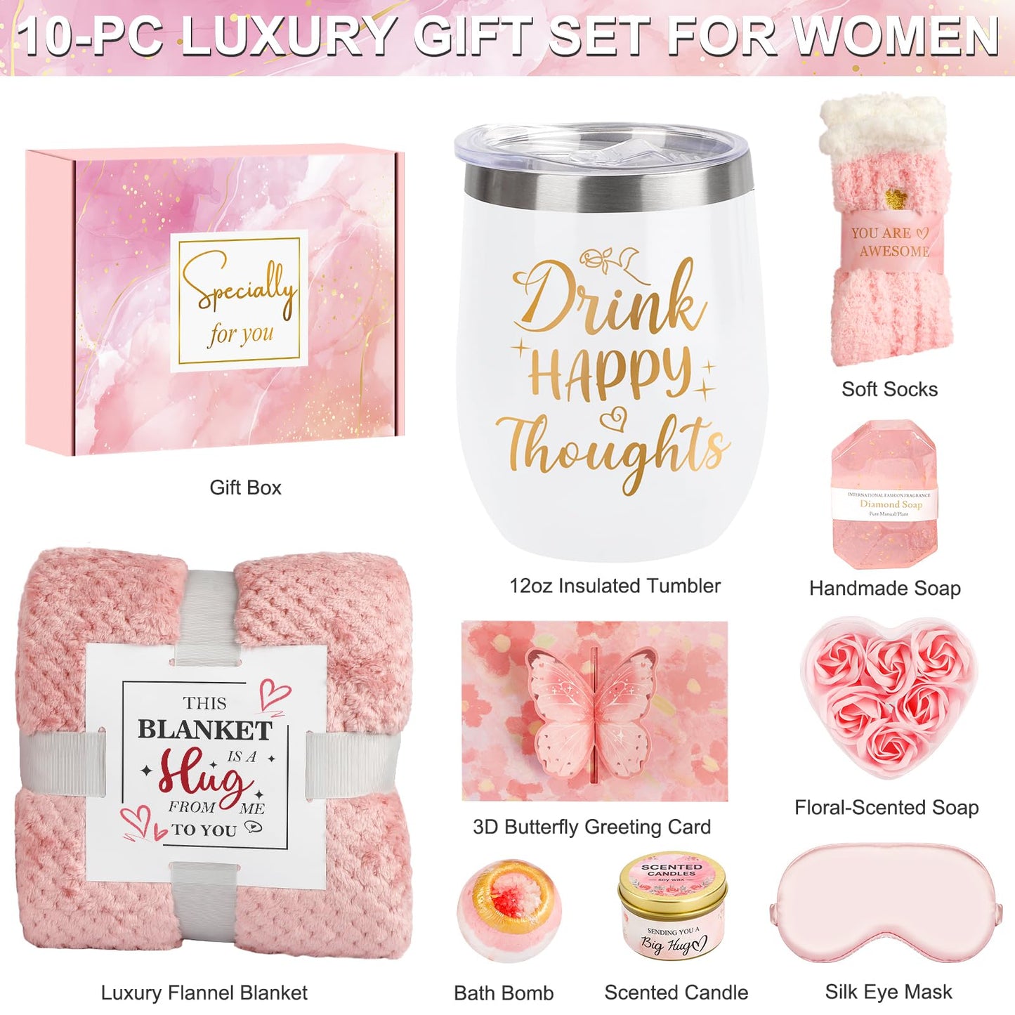 Juesly Birthday Gifts for Women Christmas Day Gifts, Unique Self Care Package Get Well Soon Basket Rose Relaxing Spa Kit with Flannel Blanket Tumbler, Happy Christmas Box for Friend Mom Sister Wife