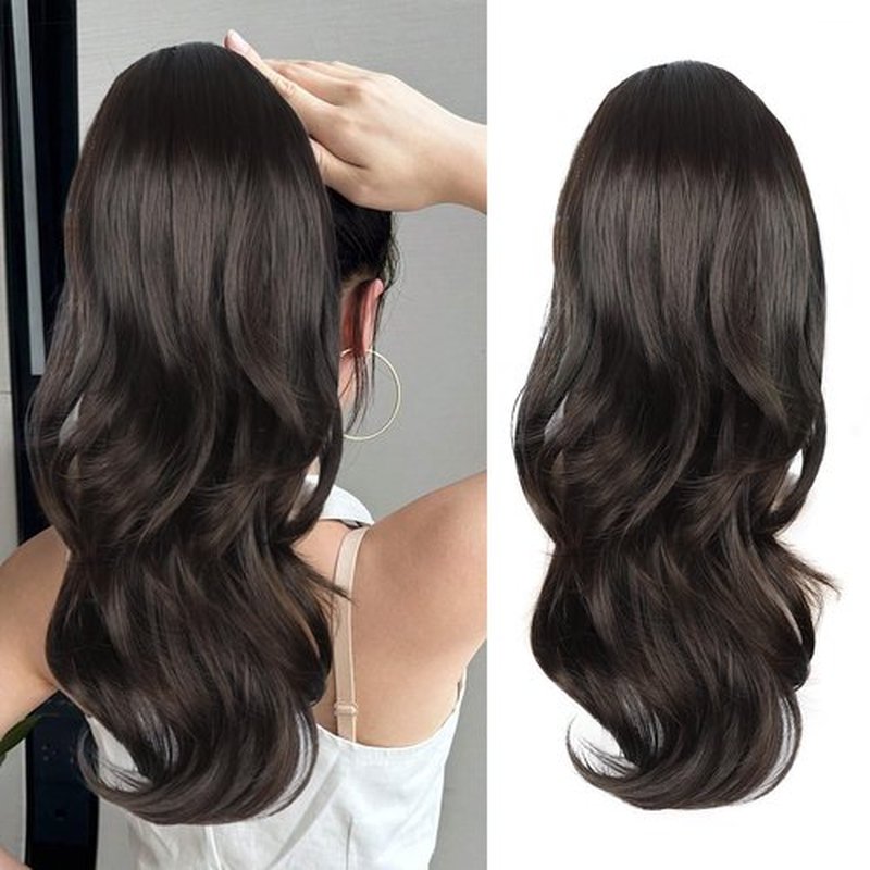 CHRSHN Ponytail Extension, Drawstring Ponytail Extension for Women Long Black Brown Wavy Pony Tails Hair Extensions Synthetic Wavy Clip in Ponytail Hairpiece for Women