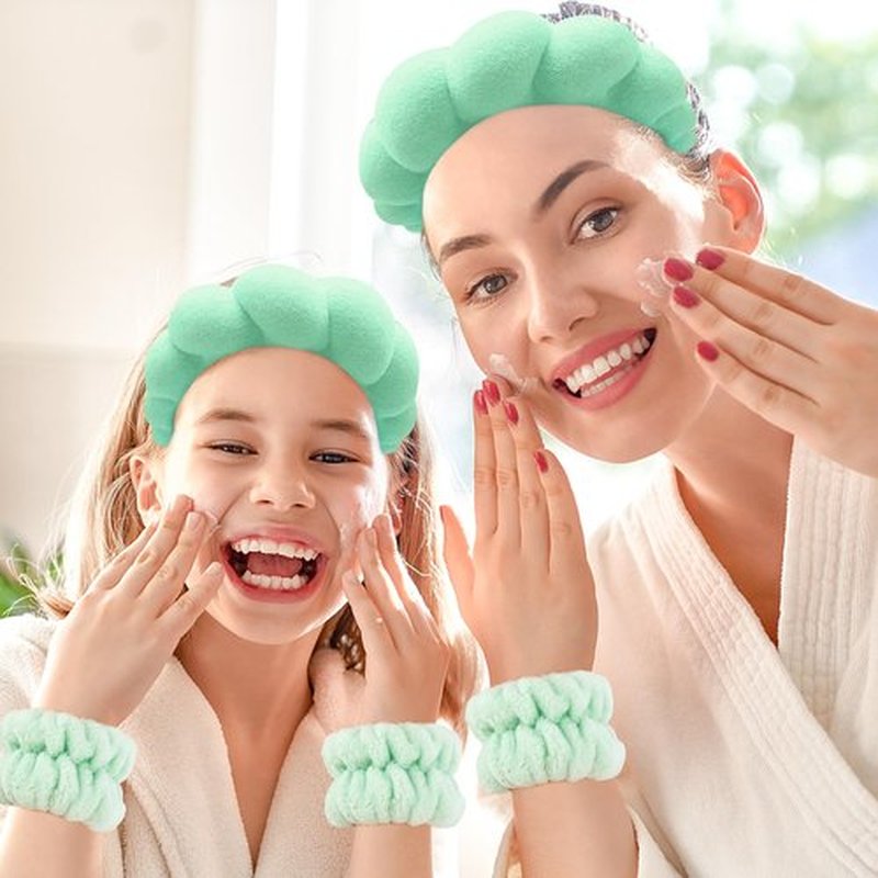 Zkptops Spa Headband for Washing Face Wristband Set Sponge Makeup Skincare Headband Wrist Towels Bubble Soft Hairband for Women Puffy Headwear Winter Non Slip Thick Thin Hair Accessory(Light Green-3)