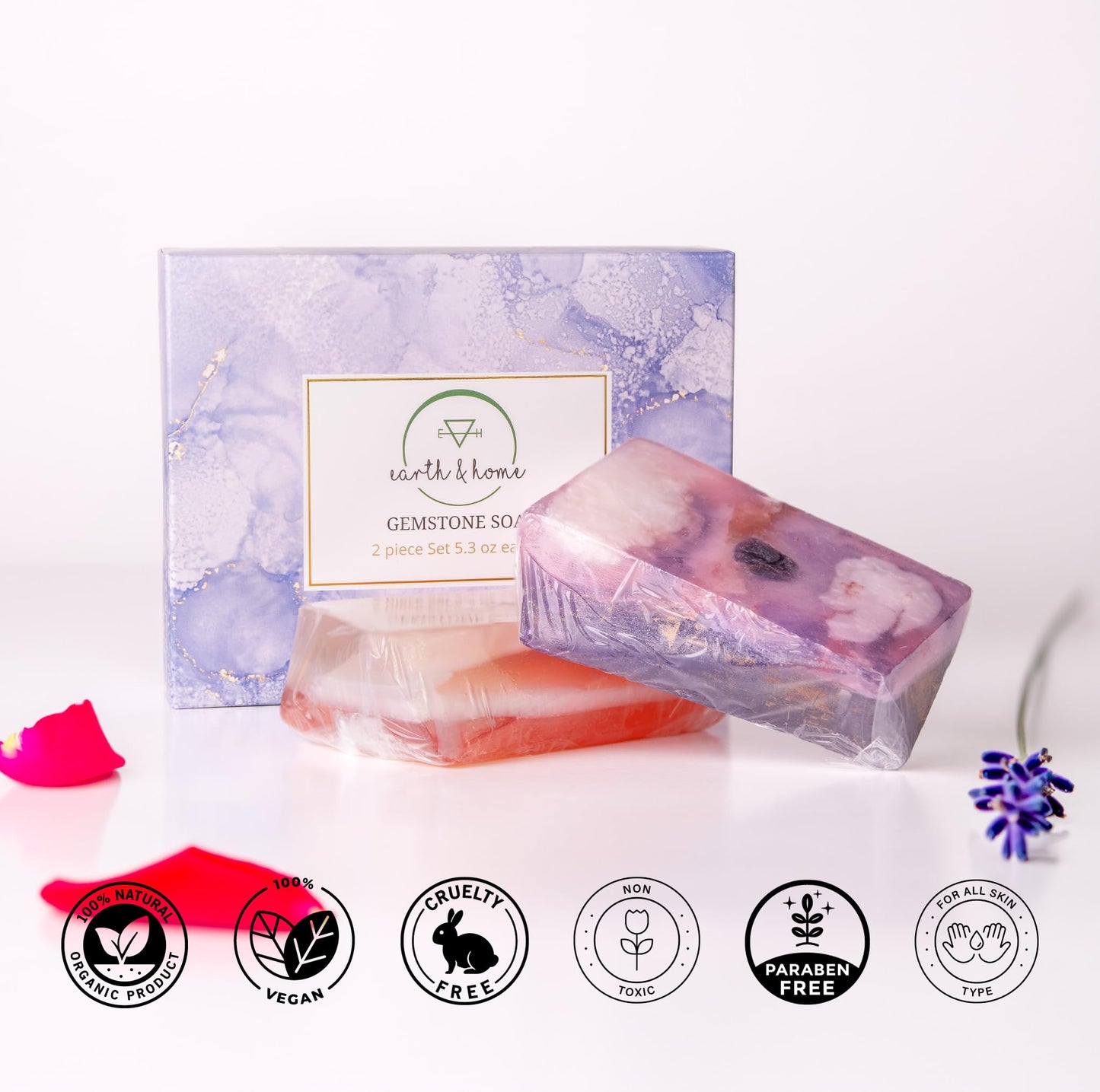 Earth & Home Rock Soap Gift Set of 2- Mothers day Gift- Decorative Scented Gemstone Soap with Crystals Inside- with Natural Ingredients & Essential Oil