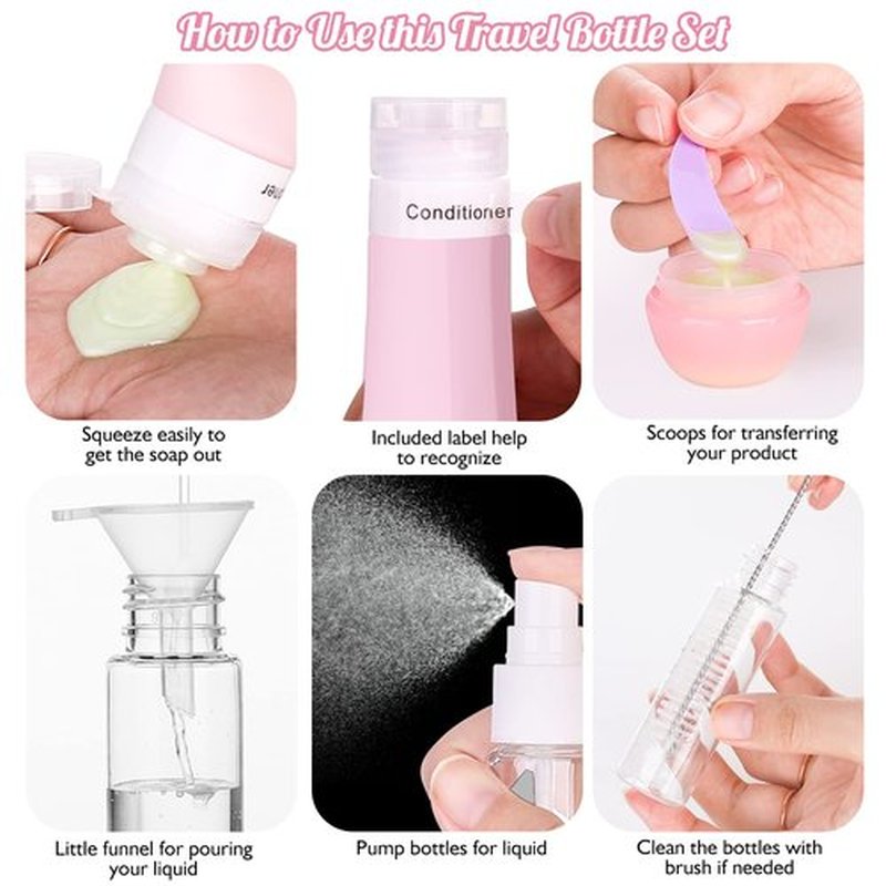 JBYAMUS 16 Pcs Silicone Travel Bottles Set, Leak-Proof Travel Size Toiletries, TSA Approved Travel Bottles for Toiletries, Portable Travel Toiletries Containers for Women (Pink-Purple)