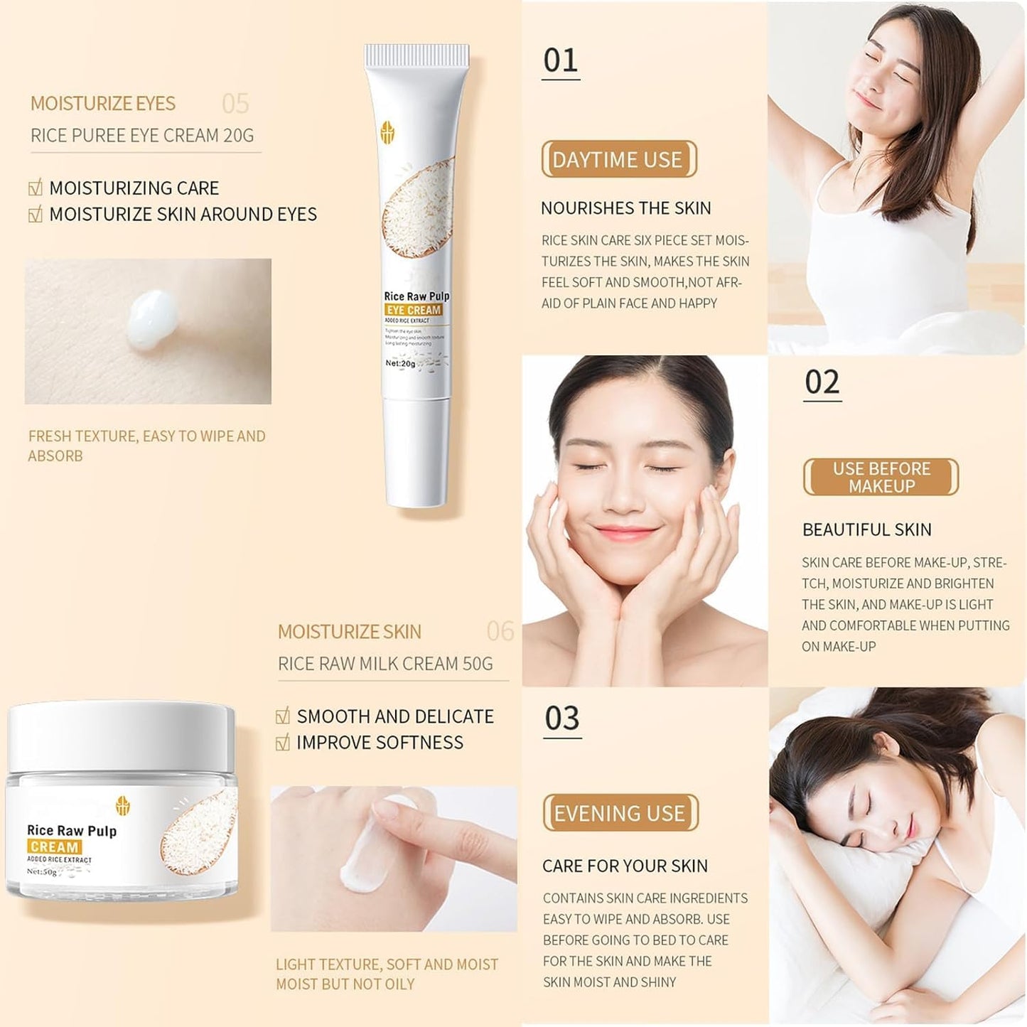 6Pcs Rice Skin Care Set for Teen Girls & Women, Korean Natural Skincare