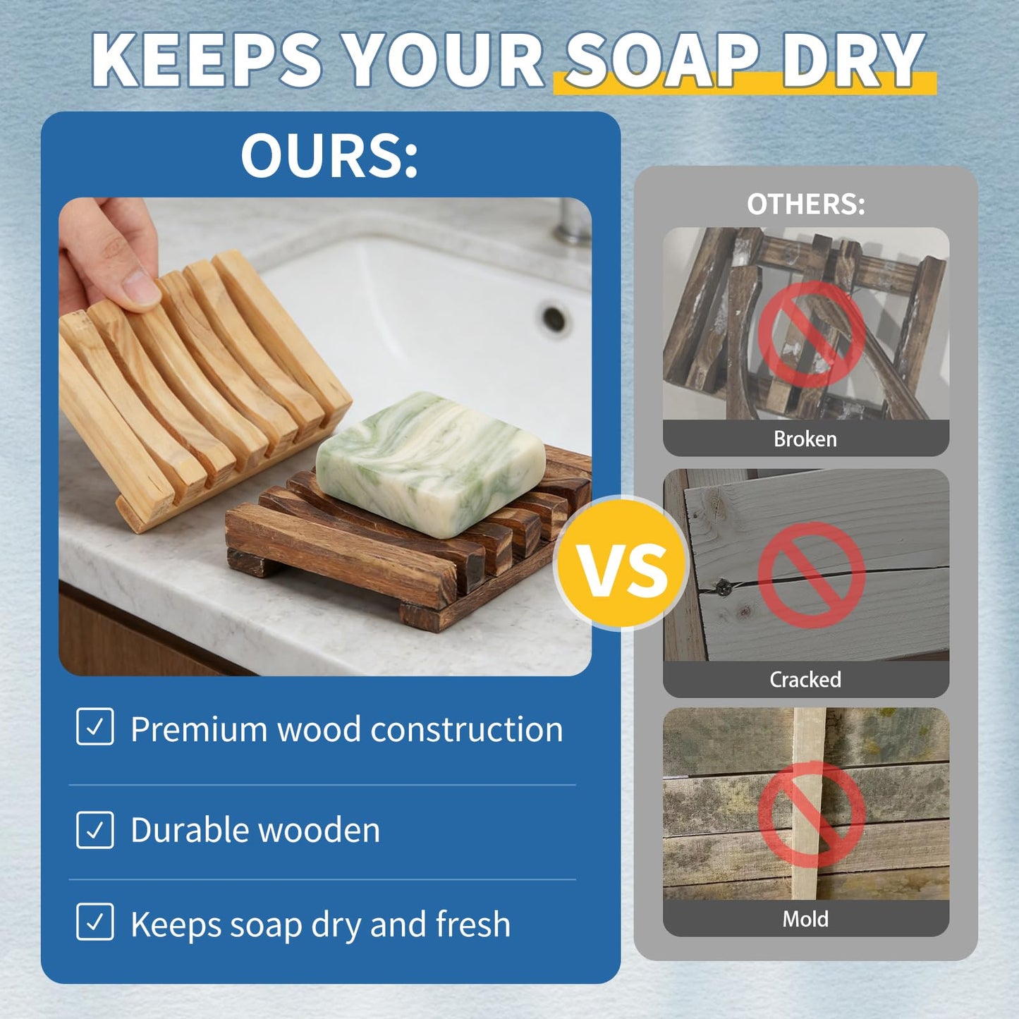 Soap Saver Compatible with Dr. Squatch, Set of 2 Wooden Soap Dish for Shower, with Self Draining, Extend Soap's Life and Keep Dry, Ideal for Bathroom, Bathtub and Shower, Charcoal and Wooden Color