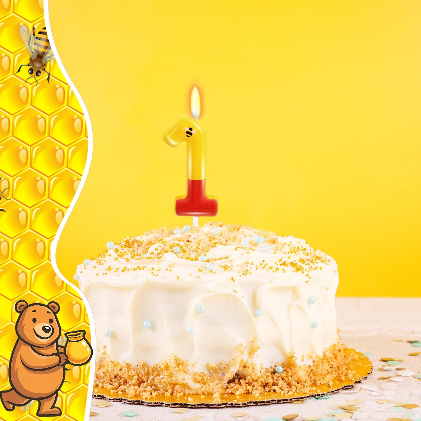 Yellow Bear Themed Birthday Candles,Cartoon Birthday Party Cake Decorations Supplies,Kids Party Decorations(Yellow,Number 1)