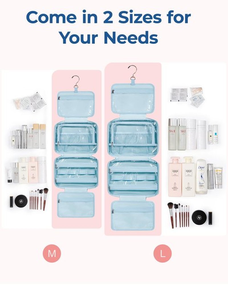 BAGSMART Travel Toiletry Bag with Jewelry Organizer, Hanging Travel Bag for Toiletries, Puffy Makeup Cosmetic Bag Organizer, Carry-on Travel Accessories Essentials, Light Blue-M