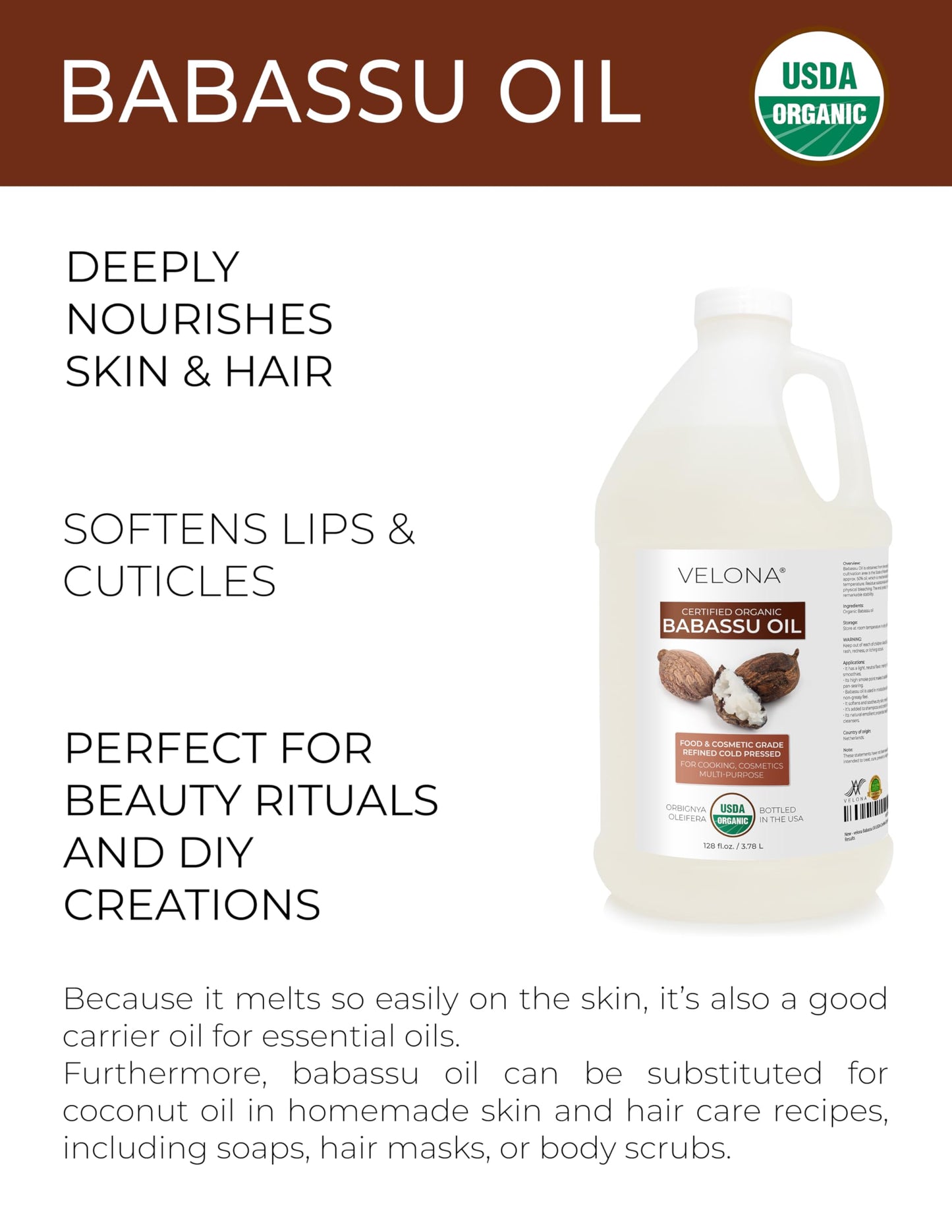 velona USDA Organic Babassu Oil - 1 Gallon / 128 fl oz, Cold Pressed