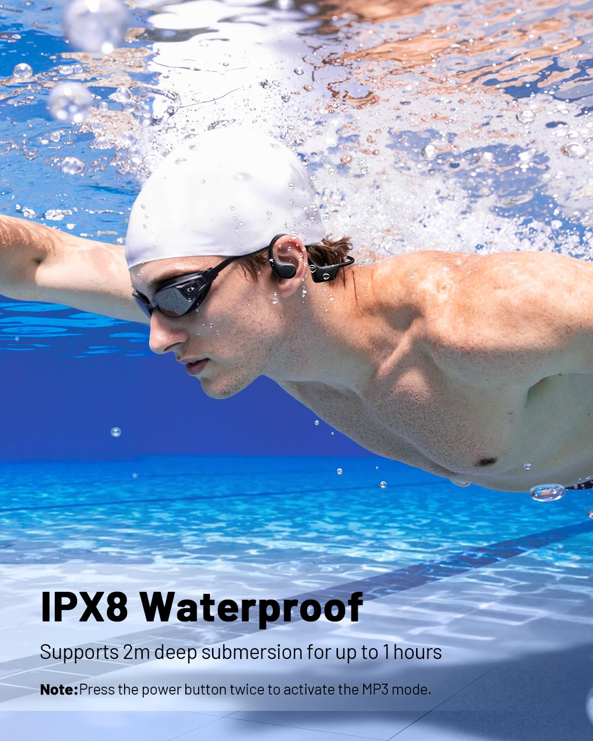 PSIER Bone Conduction Headphones with Dual Driver, IPX8 Waterproof Swimming Headphones Air Conduction Open Ear Buds MP3 Mode 32GB Memory 8H Playtime Bluetooth 6.0 Earbuds Deep Bass for Sports