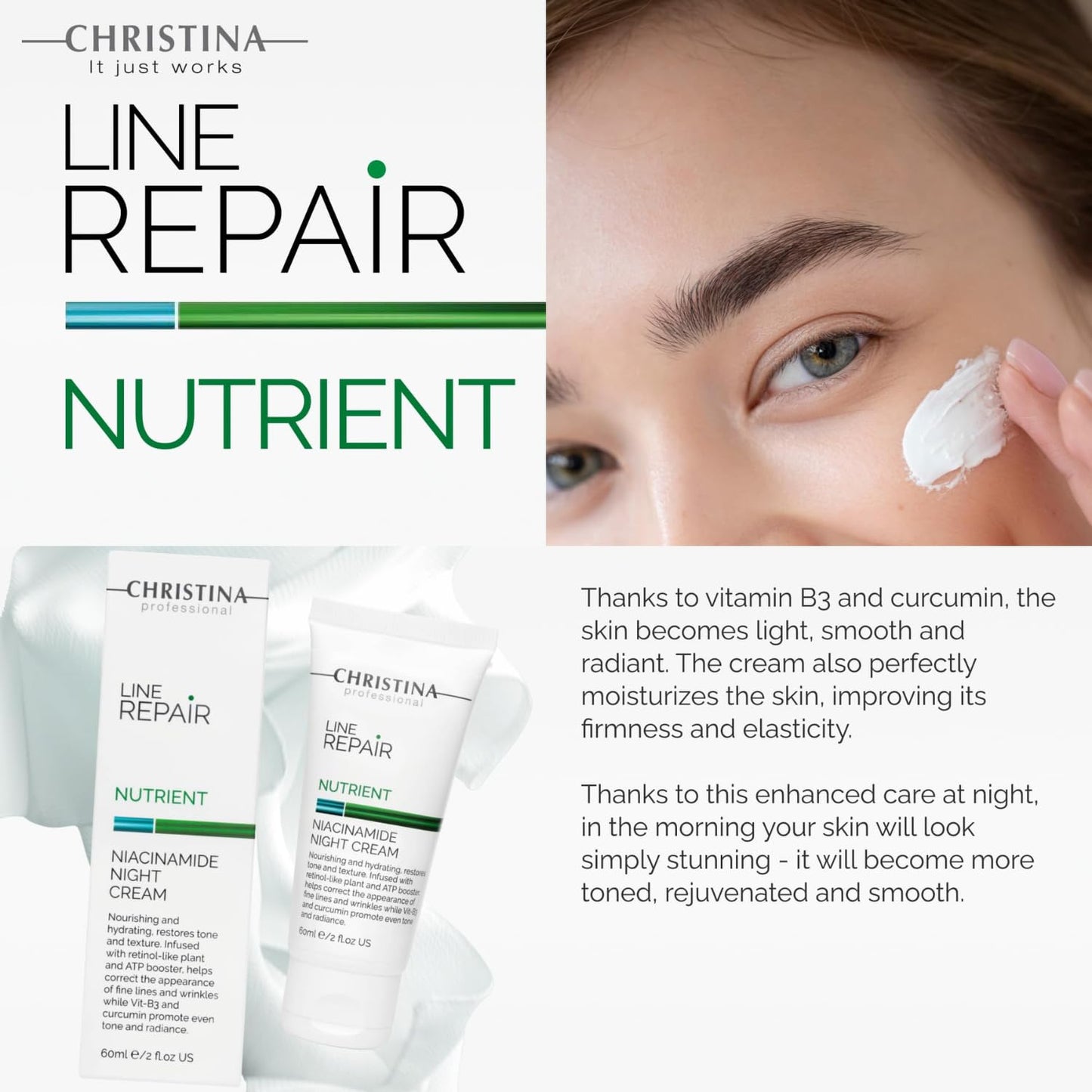 Christina Line Repair Nutrient Niacinamide Night Cream - 60ml - Vitamin B3, Plankton Algae, Glycolic and Circumin Night Moisturizer for Face - Repairing and Nourishing