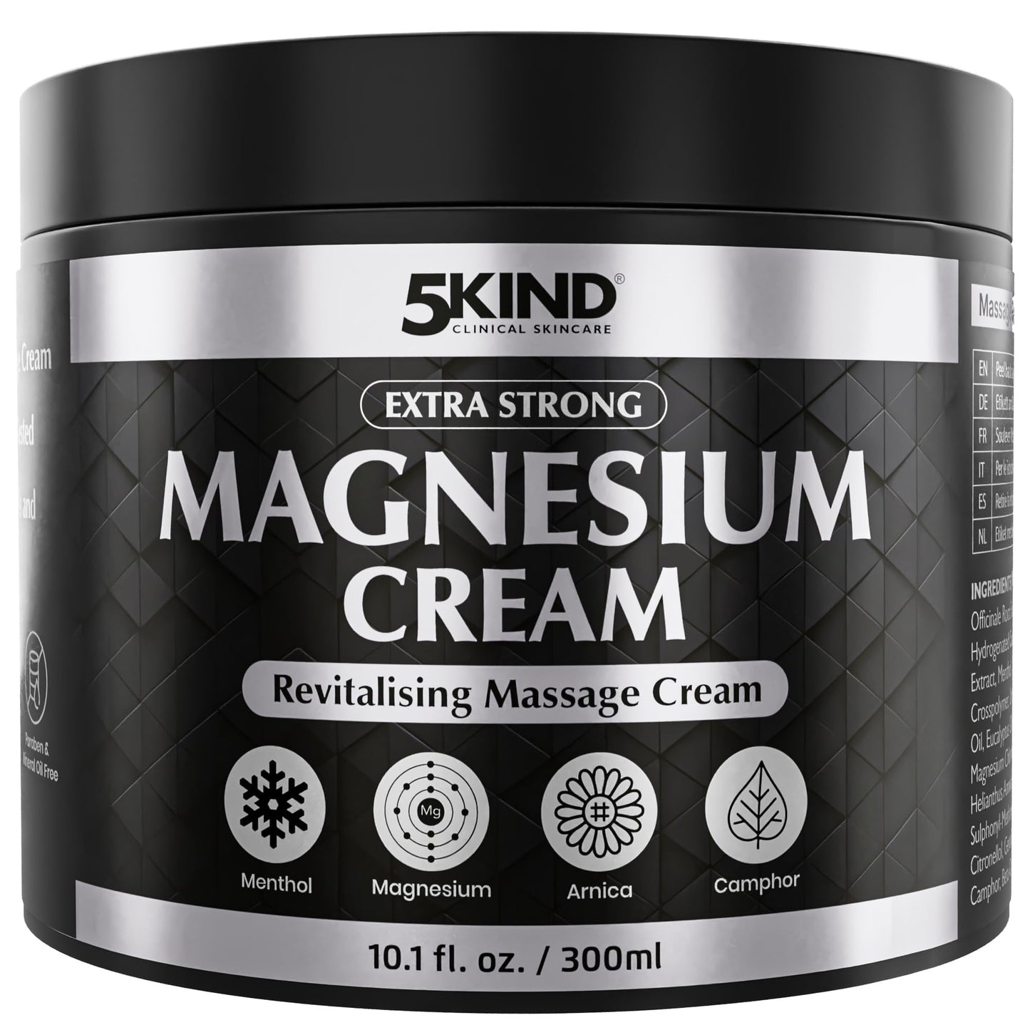 5Kind Extra Strong Magnesium Cream 10.1 fl oz - Neuropathy Nerve Relief Cream - Lotion for Restless Legs - Magnesium Rub Infused with Arnica, Eucalyptus, Comfrey, Menthol & Hemp Oil
