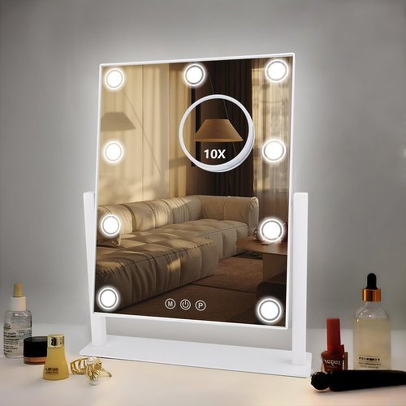 SLIMOON Lighted Makeup Mirror, 14"x 12" Hollywood Vanity Mirror with 9 LED Bulbs, 3 Color Lights, and Detachable 10X Magnification Mirror, 1200mAh Rechargeable, Touch Control, 360°Rotation (White)