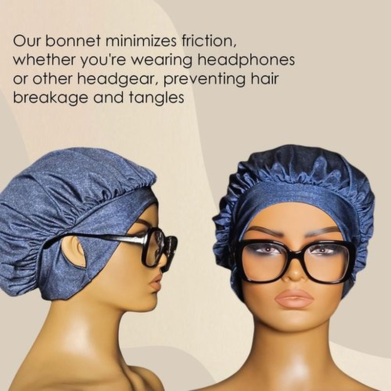 EARTWOEAR Bonnet, Hair Bonnet for Sleeping, Women Sleep Cap Hair Bonnet, Polyester/Lycra Blend Sleep Bonnet, Full Bonnet with Ear Slots (Denim)