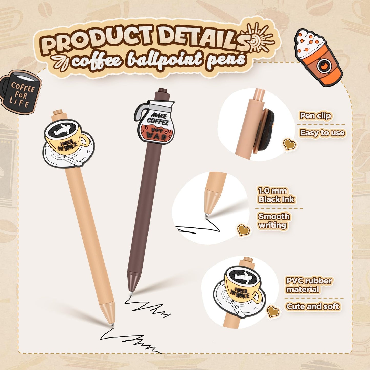 Engrowtic 12 Pcs Funny Pens Set Cartoon Retractable Writing Pens Bulk Black Ink Gifts for Women Office Party Favors(Dark Color,Coffee)