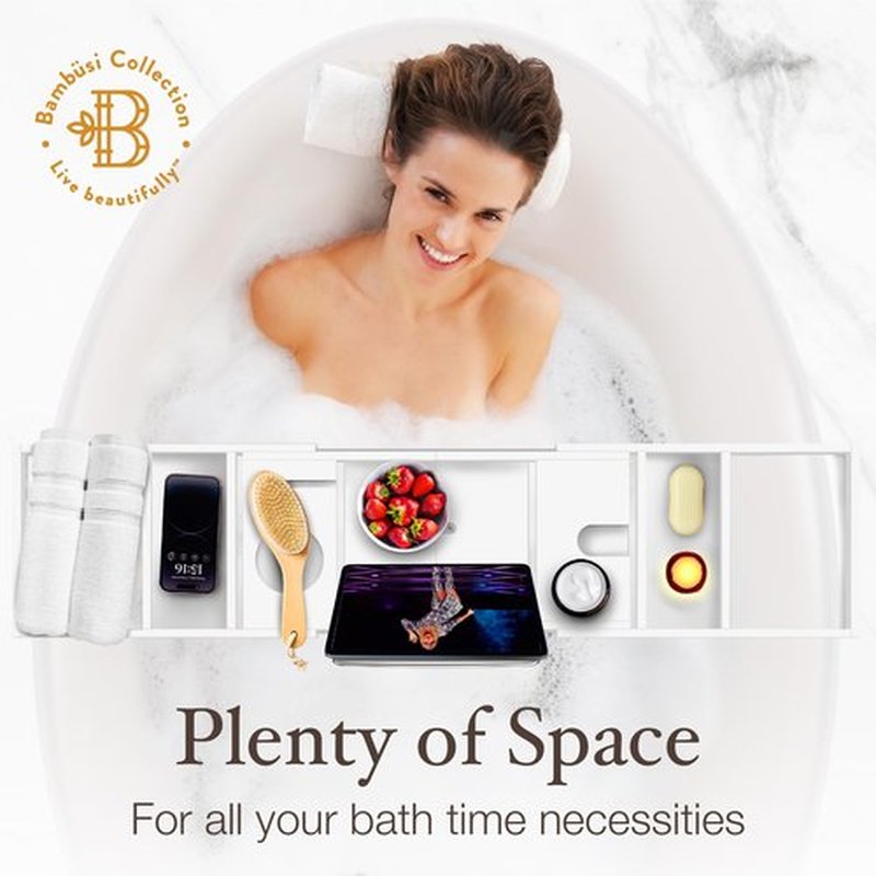 Foldable Bathtub Tray - Expandable Bamboo Bath Caddy with Wine, Book & Tablet Holder - Luxurious Bath Accessories, Perfect Spa Experience, Unique Gifts for Mom, Women, Couples, Housewarming (White)