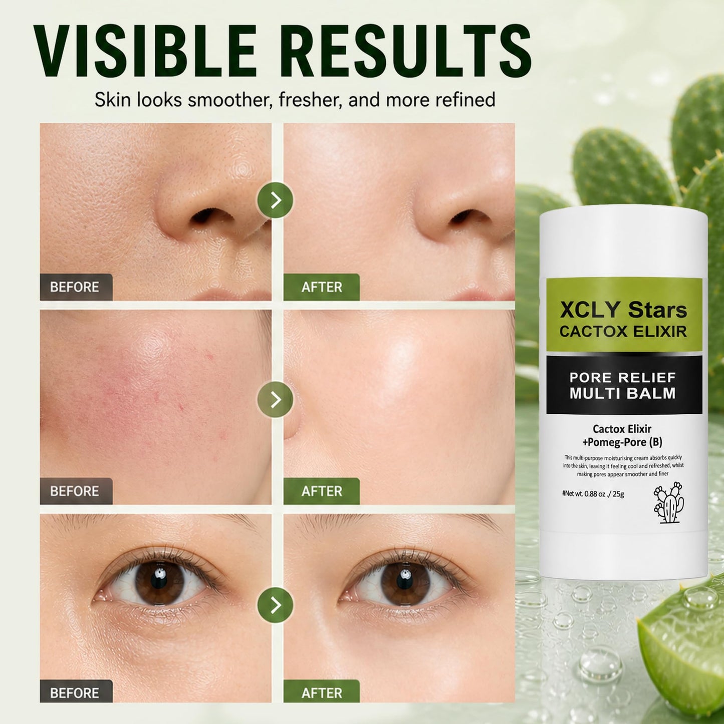 Cactus Pore Relief Multi Balm Stick Instant Cooling & De-Puffing, Helps Reduce the Look of Puffy Skin & Enlarged Pores, Pore Minimizing with Cactus Extract, Face & Eye Skincare Balm Stick - 2 Pack