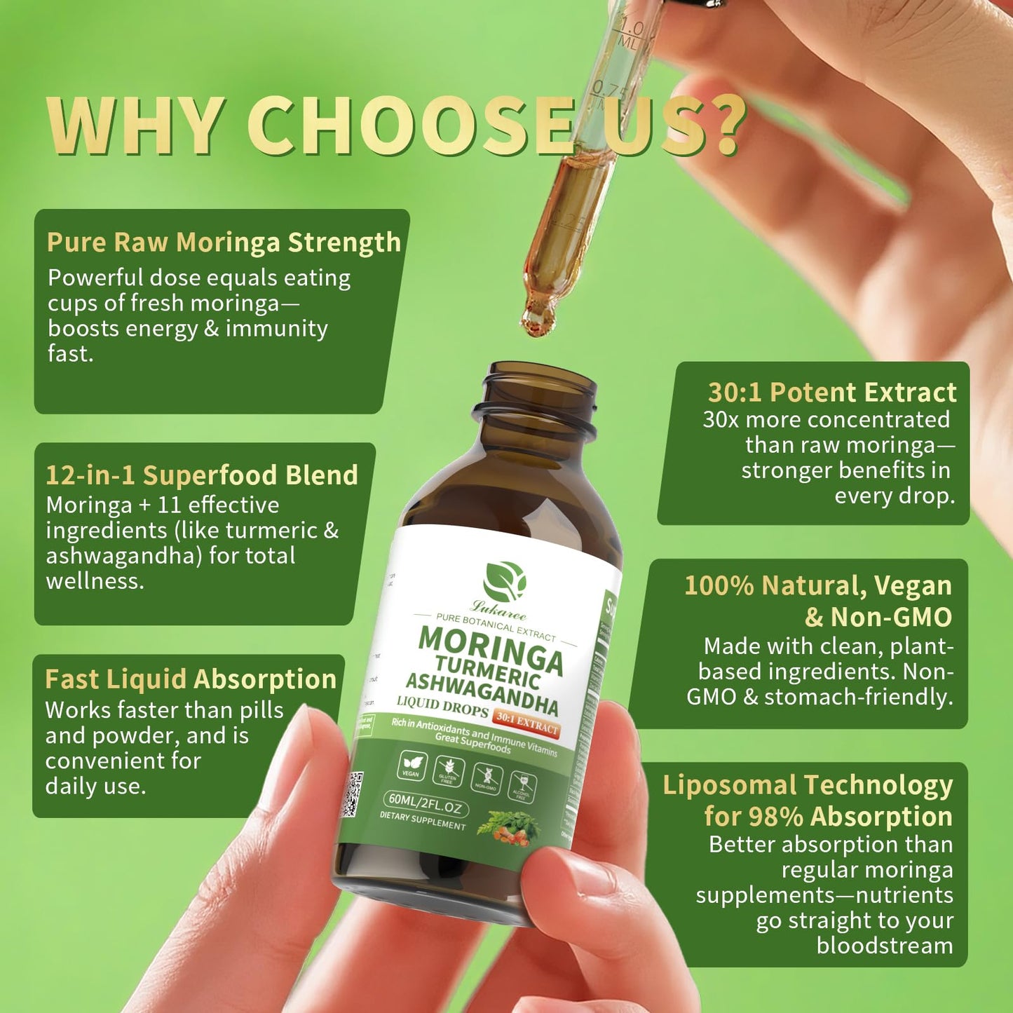 12-in-1 Organic Moringa Drops with Ashwagandha Turmeric Quercetin, Lipsomal 98% Absorption & Extract for Energy Immune Joint Digestive Metabolism, Vegan Non-GMO, More Potency Than Moringa Powder