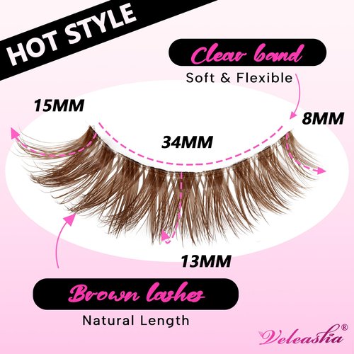 Veleasha Brown Lashes Cat Eye Lashes Wispy Faux Mink Lashes 100% Handmade Natural Look False Eyelashes with Clear Band Lightweight Fluffy False Eyelashes 5 Pairs Pack(Brown02)
