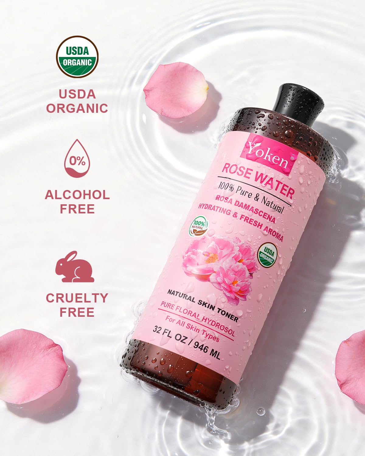 Yoken Pure Rose Water Toner for Face, 32 Fl Oz Bulk, 100% Rosa Damascena Rose Hydrosol, Refreshing Rosewater for Hair, Skin, Alcohol Free, Dye Free