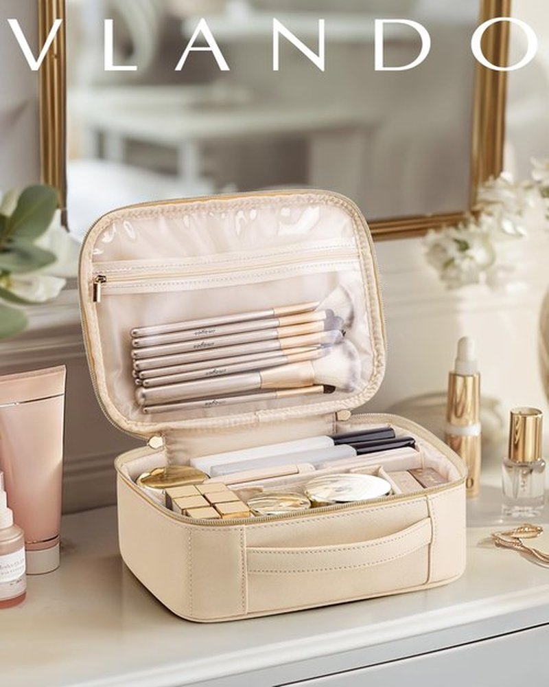 Vlando Travel Makeup Bag,Portable Cosmetic Bag Makeup Case Organizer, Makeup Bag with Adjustable Dividers for Women,Girls,Wedding,Cosmetic Brushes,Toiletry,Gifts,Anniversary-Beige
