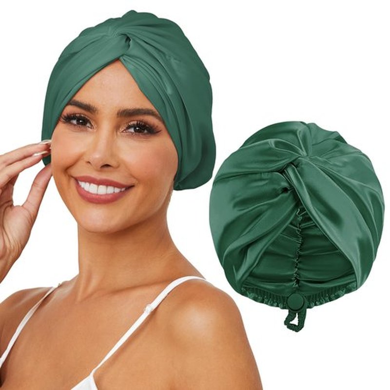 HFRHTGY Adjustable Silk Satin Hair Bonnet for Sleeping, Double Layer Hair Wrap Sleep Cap Turban for Women Men, Curly Straight Hair Long Large Braid Unisex (Forest Green 26)