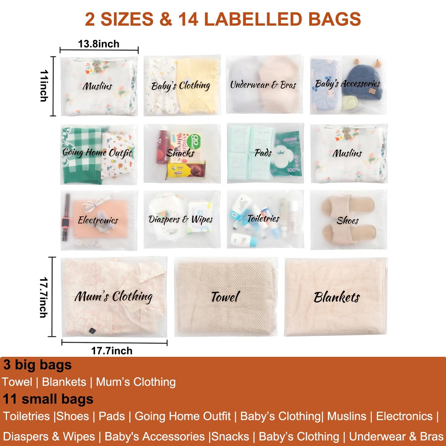 MANWU 14pcs Hospital Bags essentials for Labor and Diaper,Mom hospital bags Maternity Essentials,Maternity Organiser baggie,shower gift