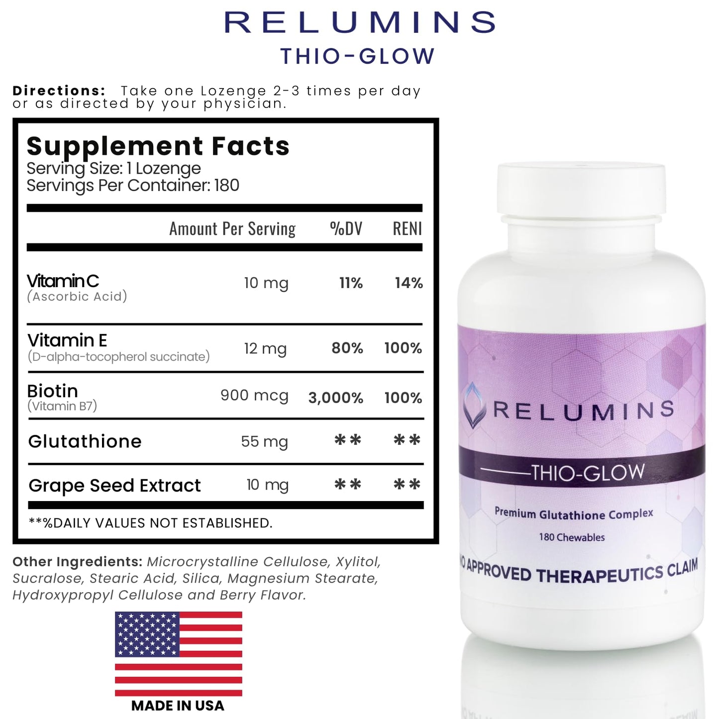 Relumins Thio-Glow Chewable Sublingual Glutathione Complex with Biotin, VIT C & E, Plus Grapeseed Polyphemols – 330mg Gluta Per Serving – 4X Effective Than Liposomal for a Summer Glow Skin