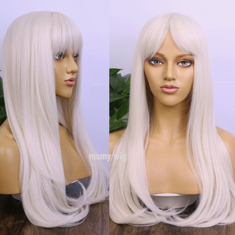 MSMYRNS Platinum Blonde #60 Long Wavy Curly Heat Resistant Synthetic Wig With Bangs Glueless No Lace Fringe Wig For Women Girls Costume Role Play Wig Scalp Base Middle Part Hair Replacement Wig