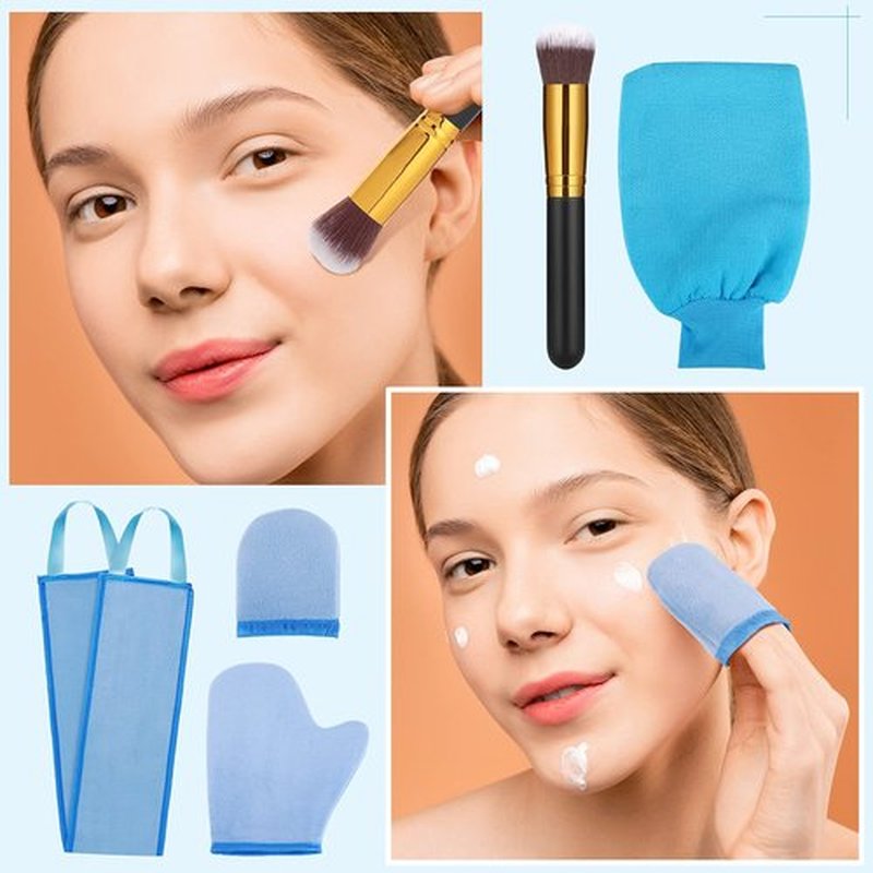 5 Pieces Self Tanning Mitt Applicator Kit, Includes Exfoliating Glove, Tanning Mitt, Mini Face Mitt, Back Lotion Applicator with Self Tanner Brush Large Flat Top Makeup Brush (Blue)