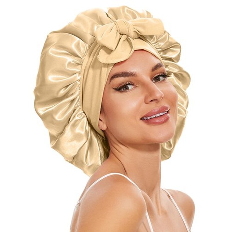 Large Silk Bonnet for Sleeping, Double Layer Satin Bonnets for Women Natural Curly Hair, Silky satin hair Bonnet with Tie Band Hair Wrap Shower Cap