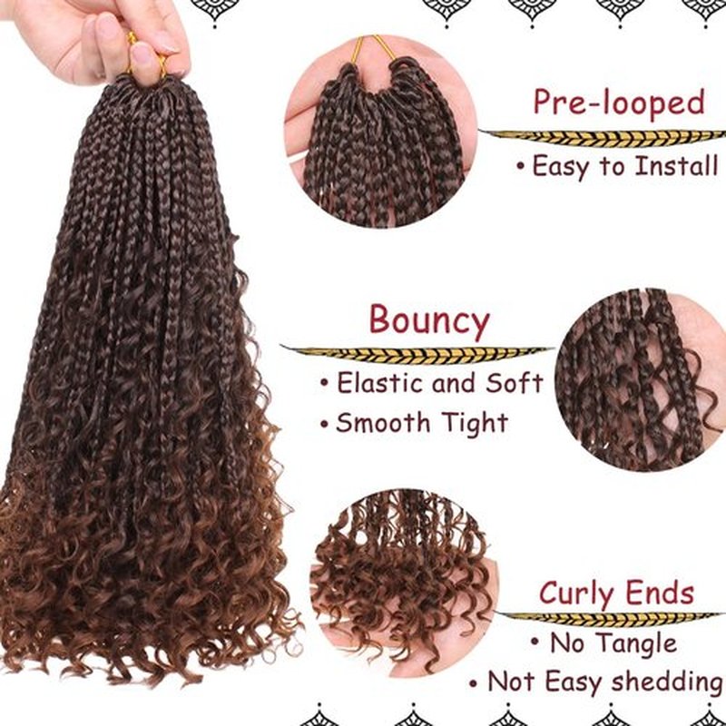 Beverlee 14 Inch Boho Box Braids 8 Packs Goddess Box Braids Crochet hair Braiding Hair Bohemian Hair Hippie with Curly Ends Messy Pre-looped Synthetic Crochet Braids for Black Women 128 Strands