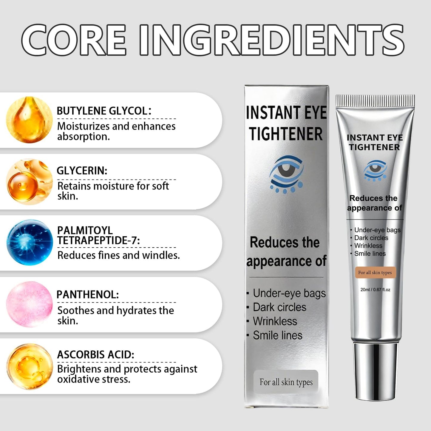 Instant Under Eye Lift Serum - Anti-Aging Formula for Under Bags and Wrinkles, Temporary Eye Tightener Cream Firming Primer Visibly Improves Dark Circles, Fine Lines & Crow's Feet, 1 PC, 0.7 Fl.Oz