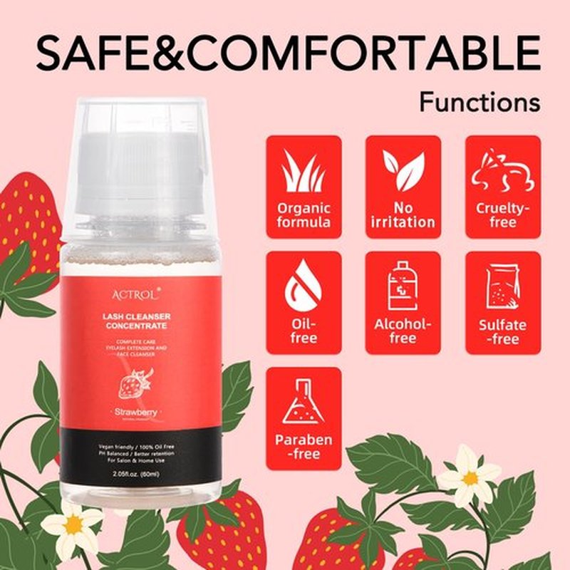Eyelash Cleanser Concentrate 60ml Strawberry Professional Lash Shampoo Foaming Cleanser DIY Paraben & Sulfate Free Non-lrritating Wash for Extensions Lashes with Salon Home Care-Makes 6 Bottles