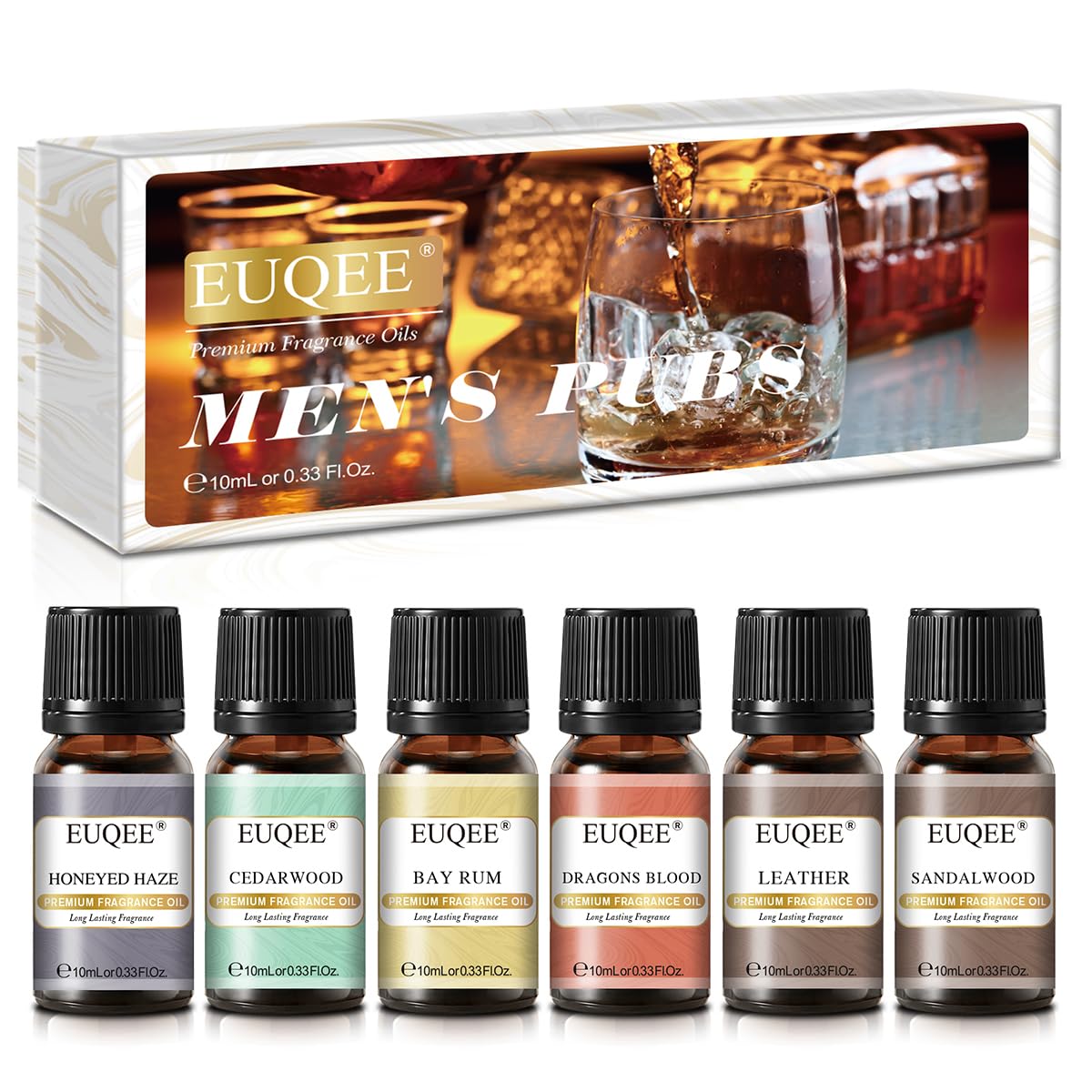EUQEE 6PCS Fragrance Oils for Men, Men's Pubs Gift Set Premium Fragrance Oils -10ml-Leather, Honeyed Haze, Dragons Blood, Sandalwood, Bay Rum, Cedarwood (Men's Pubs)